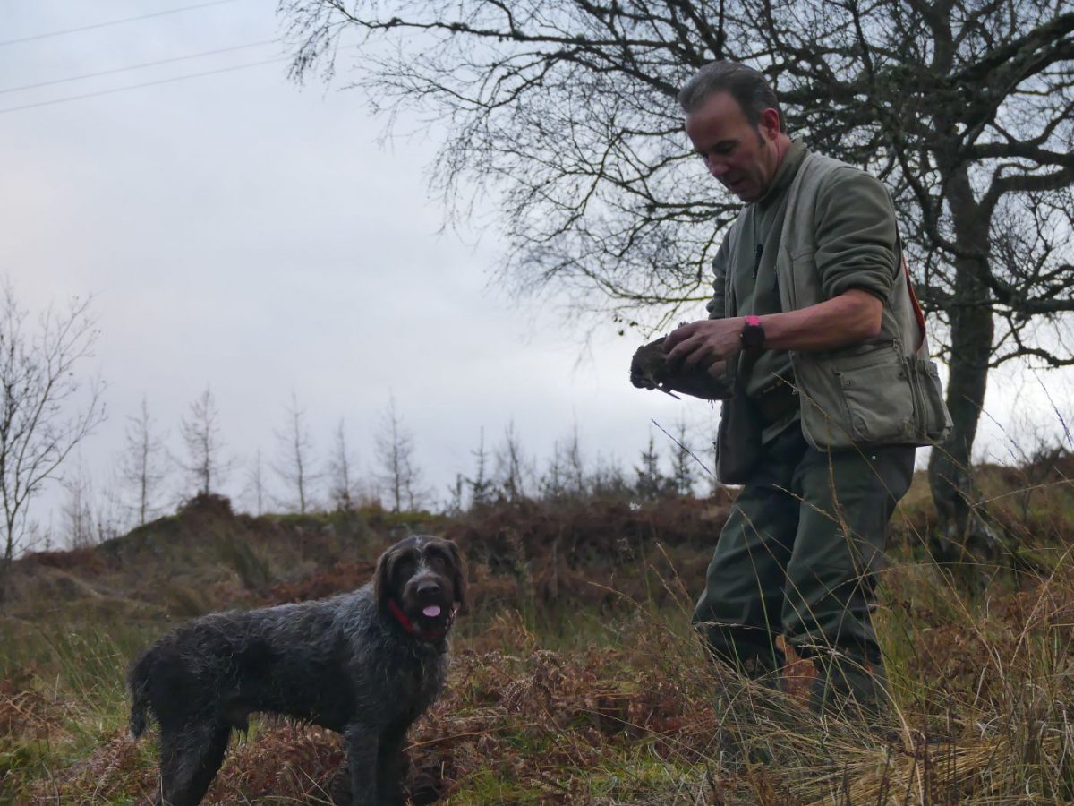 chasseur avec son chien en Ecosse